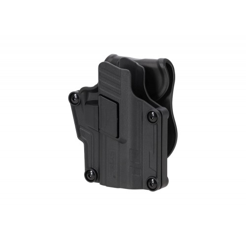 Mega-Fit Optics universal holster Black, Designed for shooters who expect versatility and precise weapon control, the Mega-Fit Optics holster fits a wide range of pistols from Glock, Beretta, Sig Sauer, Taurus, and more—even when equipped with optics or e