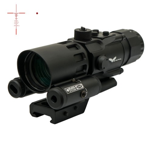JS-TACTICAL PRISME SCOPE 4X32 WITH RED LASER BLACK, The JS-Tactical Prisme Scope 4X32 With Red Laser is a durable and compact optic designed for tactical and airsoft setups, offering reliable performance, clear target acquisition, and a lightweight design