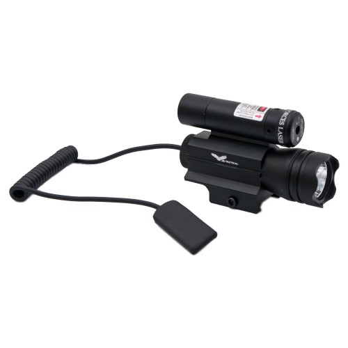 JS-TACTICAL LED FLASHLIGHT WITH RED LASER, The JS-Tactical LED Flashlight with Red Laser is a compact rail-mounted tactical light system combining high-output illumination with an integrated aiming laser, built for 20 mm mounting platforms