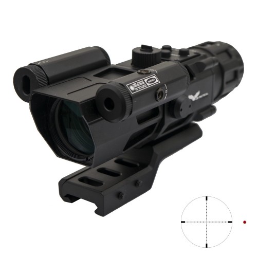 JS-TACTICAL PRISME SCOPE 4X32 WITH RED LASER BLACK, The JS-Tactical Prisme Scope 4X32 With Red Laser is a durable and compact optic designed for tactical and airsoft setups, offering a clear sight picture and enhanced aiming support in a lightweight desig
