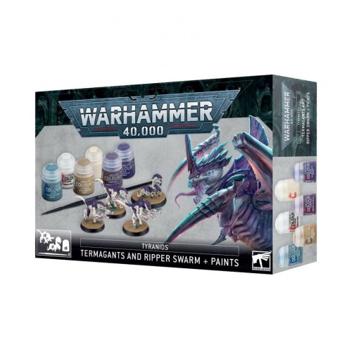 Warhammer 40,000 Tyranids Termagants And Ripper Swarm & Paints, Dive into the hive mind with the Termagants & Ripper Swarm + Paint Set, the ultimate starter kit for any aspiring Tyranid collector